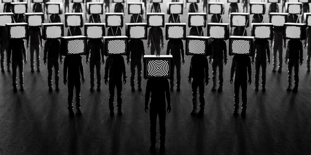 graphics showing men having tv on head