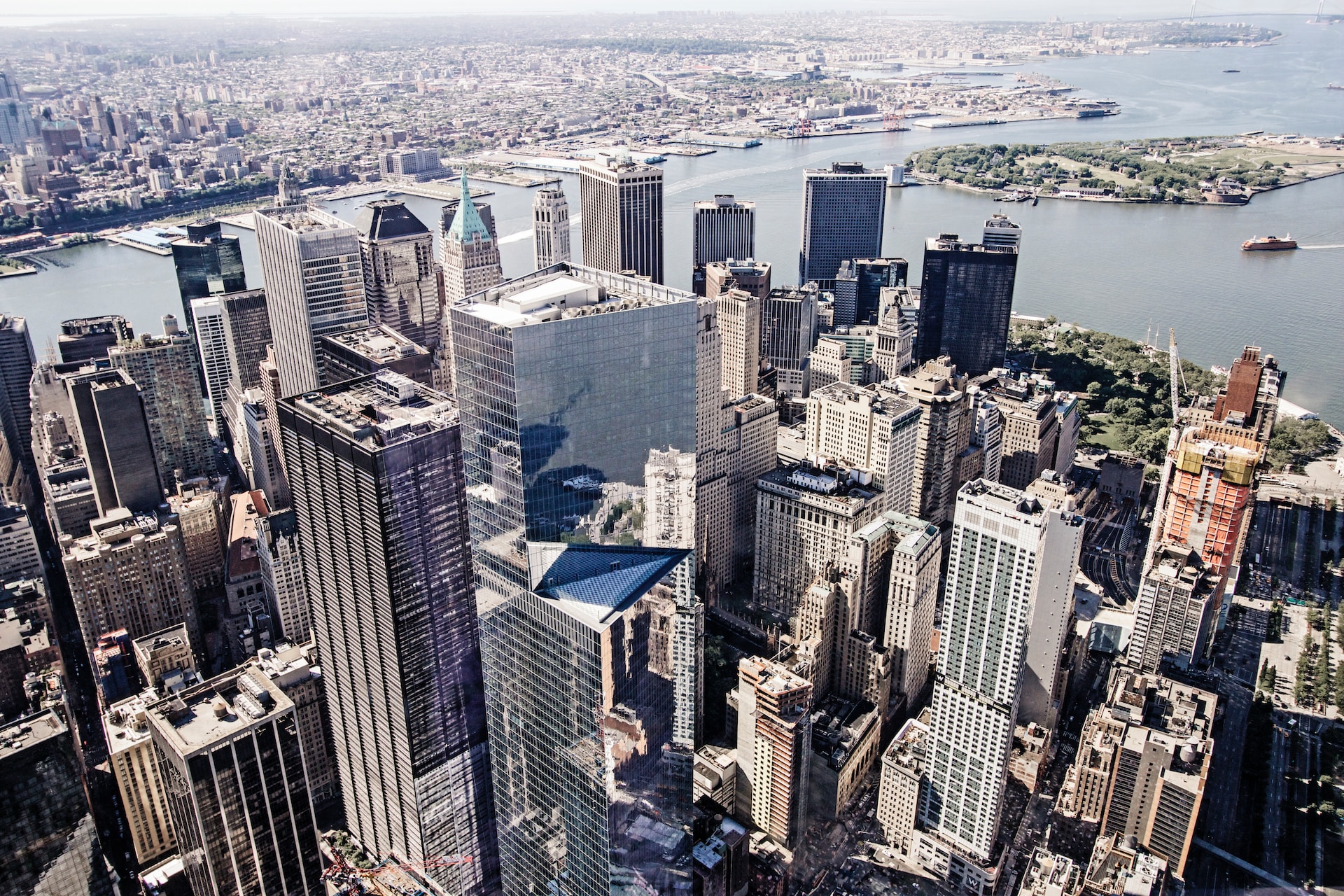 aerial view of lower manhattan private equity businesses